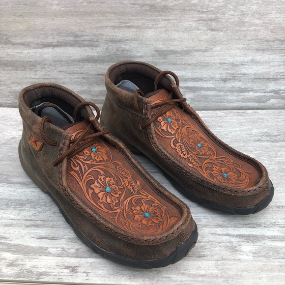 Twisted X Shoes - TWISTED X floral tooled chukka driving moc brown